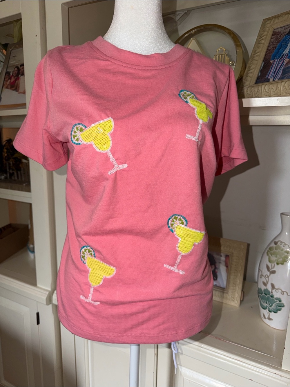 Women’s Pink Short Sleeve Tee with Yellow Cocktail Appliqués